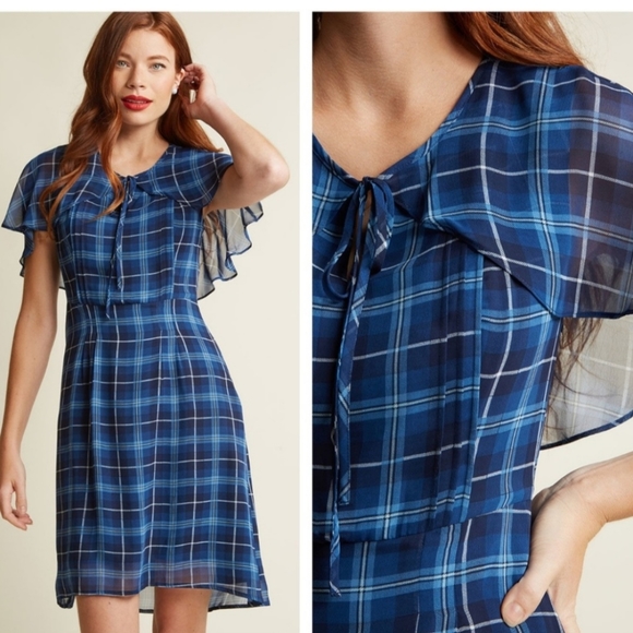 Modcloth Dresses & Skirts - MODCLOTH Plaid Chiffon Cape Blue Dress